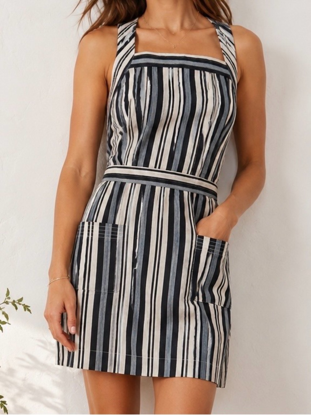 NWT Madewell Linen-Blend Apron Mini Dress in Black, White & Gray Stripe Size 4